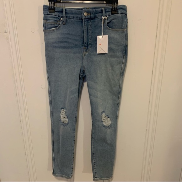 Good American Good Legs Crop Distressed Jeans in Light Blue  Size 2 / 26 NWT - Picture 2 of 7